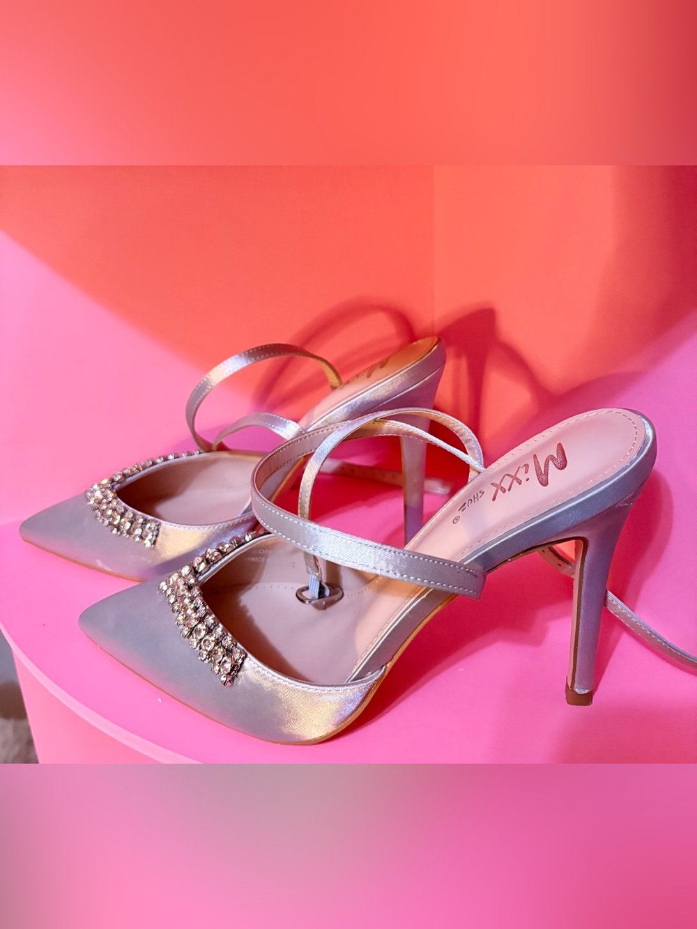 Fashion Nova Silver Rhinestone Strap Heels